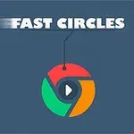 Texto FAST CIRCLES en la parte superior con un círculo colorido debajo y un ícono de reproducción en el centro sobre un fondo azul