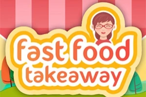 Ilustración colorida con el texto fast food takeaway sobre un fondo de rayas rosas y un personaje con gafas