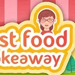 Ilustración colorida con el texto fast food takeaway sobre un fondo de rayas rosas y un personaje con gafas