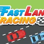Dos autos de carreras, uno rojo y otro azul, en una carretera con líneas blancas, con el texto Fast Lane Racing en la parte superior