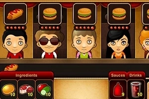 Personajes animados en un restaurante, esperando sus pedidos de comida rápida con ingredientes, salsas y bebidas visibles
