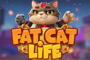 Gato regordete con expresión divertida sobre un letrero que dice Fat Cat Life en un fondo colorido