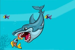 Un tiburón animado persiguiendo a un pez pequeño en un fondo submarino azul con burbujas y dos peces coloridos