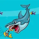 Un tiburón animado persiguiendo a un pez pequeño en un fondo submarino azul con burbujas y dos peces coloridos