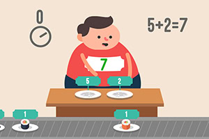 Un personaje animado está sumando números en un entorno educativo con platos y relojes dibujados