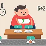 Un personaje animado está sumando números en un entorno educativo con platos y relojes dibujados
