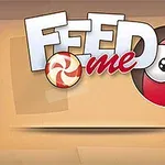 Texto grande en el centro que dice FEED me acompañado de un caramelo y un personaje rojo con ojos grandes