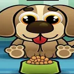 Un dibujo de un perrito con ojos grandes y una lengua afuera, sentado frente a un plato verde con comida