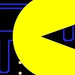 Círculo amarillo con una sección faltante en un laberinto azul oscuro con puntos pequeños