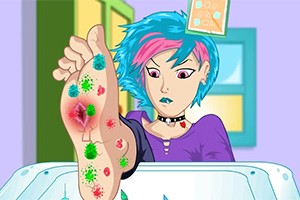 Persona con cabello azul y rosa observa preocupada su pie cubierto de manchas de colores en un entorno estilo caricatura