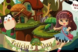 Niña con vestido azul y bolso rojo junto a un búho sonriente frente a casas de árbol con el texto Felicias Day