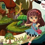 Niña con vestido azul y bolso rojo junto a un búho sonriente frente a casas de árbol con el texto Felicias Day