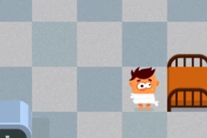 Personaje animado de pie, envuelto en una toalla, junto a una cama en una habitación de diseño cuadriculado