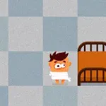Personaje animado de pie, envuelto en una toalla, junto a una cama en una habitación de diseño cuadriculado