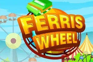 Texto colorido que dice Ferris Wheel con un fondo de feria y rueda de la fortuna