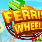 Texto colorido que dice Ferris Wheel con un fondo de feria y rueda de la fortuna