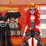 Mujer con maquillaje de catrina y vestido rojo y negro, rodeada de vestidos coloridos en un escaparate