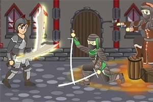 Un guerrero con armadura y una espada enfrenta a dos personajes enmascarados y armados en una calle empedrada frente a una construcción medieval