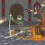 Un guerrero con armadura y una espada enfrenta a dos personajes enmascarados y armados en una calle empedrada frente a una construcción medieval