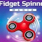 Fidget spinner rojo girando sobre un fondo azul con destellos blancos y texto en la parte superior
