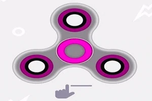Un spinner fucsia con bordes negros y blancos sobre un fondo gris claro, acompañado de un icono de mano en la parte inferior