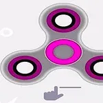 Un spinner fucsia con bordes negros y blancos sobre un fondo gris claro, acompañado de un icono de mano en la parte inferior