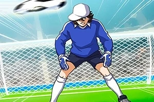 Portero de anime en uniforme azul frente a la portería, con un balón de fútbol en el aire