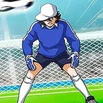 Portero de anime en uniforme azul frente a la portería, con un balón de fútbol en el aire