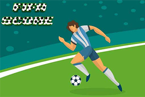 Ilustración de un futbolista corriendo en una cancha con un balón al pie y texto decorativo en la esquina superior izquierda