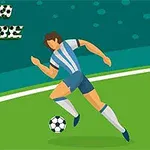 Ilustración de un futbolista corriendo en una cancha con un balón al pie y texto decorativo en la esquina superior izquierda