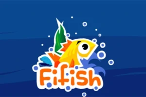 Un pez amarillo con aletas de colores y burbujas alrededor, acompañado del texto Fifish sobre un fondo azul
