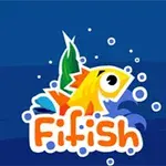 Un pez amarillo con aletas de colores y burbujas alrededor, acompañado del texto Fifish sobre un fondo azul