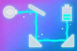 Dibujo de un circuito eléctrico iluminado con una bombilla y una batería sobre un fondo hexagonal púrpura
