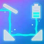 Dibujo de un circuito eléctrico iluminado con una bombilla y una batería sobre un fondo hexagonal púrpura
