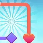 Dos corazones conectados por un camino curvo naranja con dos rombos morados sobre un fondo azul con rayos