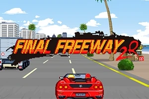 Un auto rojo descapotable conduciendo por una carretera junto al océano, con palmeras y edificios al fondo, con el texto FINAL FREEWAY 2R superpuesto