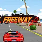 Un auto rojo descapotable conduciendo por una carretera junto al océano, con palmeras y edificios al fondo, con el texto FINAL FREEWAY 2R superpuesto