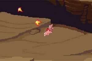 Personaje pixelado montando un animal en un entorno desértico con proyectiles de fuego