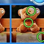 Dos imágenes de un oso de peluche sentado en un banco, con diferencias resaltadas por círculos verdes