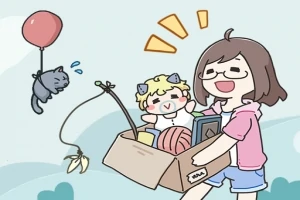 Dibujo de una chica sonriente cargando una caja llena de objetos mientras un gato cuelga de un globo rojo
