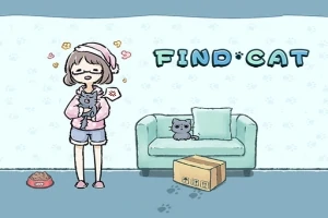 Una chica con pijama abrazando un gato, y otro gato sentado en un sofá al lado de un cojín y una caja