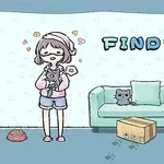 Una chica con pijama abrazando un gato, y otro gato sentado en un sofá al lado de un cojín y una caja