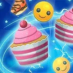 Cupcakes rosados, caras sonrientes y un trozo de pastel flotan en un fondo azul con rayos y estrellas