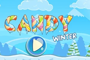 Texto de caramelos coloridos que dice CANDY WINTER sobre un fondo de paisaje invernal con montañas y árboles nevados y un botón de reproducción