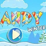 Texto de caramelos coloridos que dice CANDY WINTER sobre un fondo de paisaje invernal con montañas y árboles nevados y un botón de reproducción