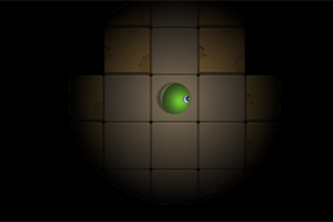 Un pequeño orbe verde con un ojo en el centro de un tablero cuadriculado oscuro