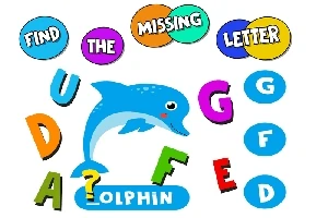Dibujo de un delfín azul con letras de colores sobre un fondo blanco; hay un espacio faltante en la palabra dolphin