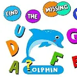 Dibujo de un delfín azul con letras de colores sobre un fondo blanco; hay un espacio faltante en la palabra dolphin