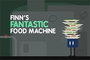 Dibujo de una máquina con platos apilados y letras grandes que dicen Finns Fantastic Food Machine sobre un fondo oscuro