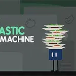 Dibujo de una máquina con platos apilados y letras grandes que dicen Finns Fantastic Food Machine sobre un fondo oscuro